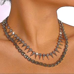 Gold Spiked Crystal Chain Multilayer Necklace